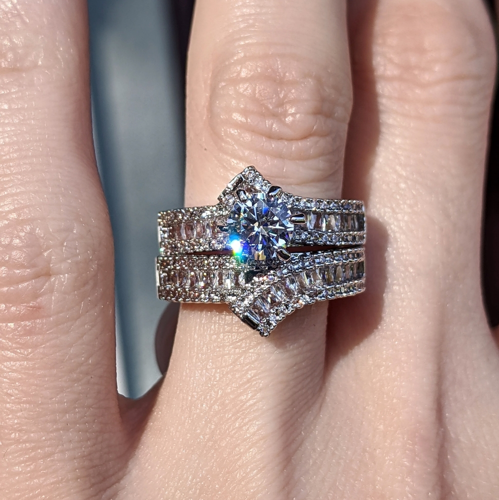 🆕S925-2.98CT White Sapphire Ring Set Sz 6